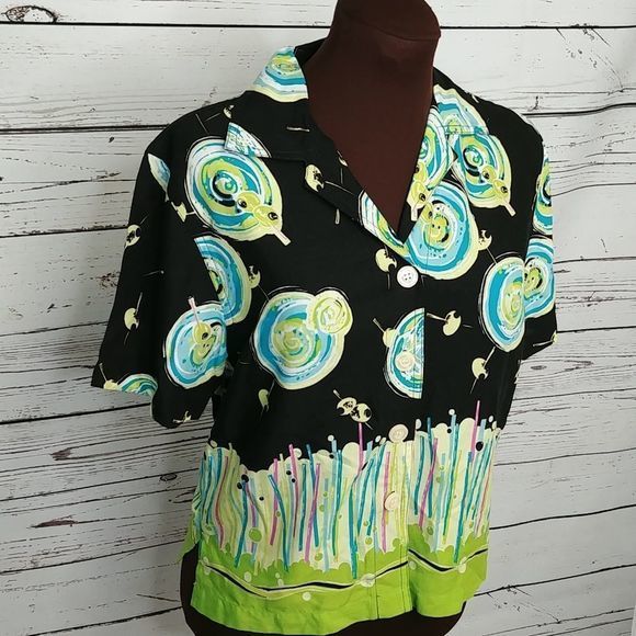 Vtg Holly Lane Black Martini Cocktail Olive Shirt… - Picture 2 of 6